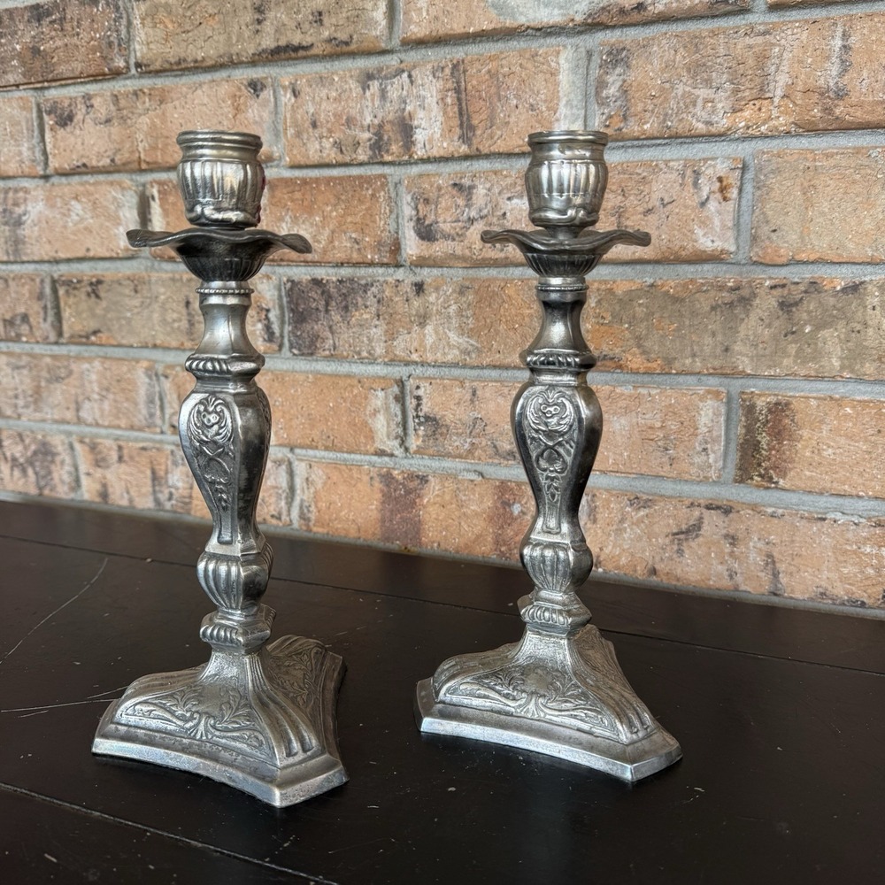 Vintage Ornate Metal Candlestick Holders Pair 9.5" Victorian Style Pewter Finish - Picture 4 of 8